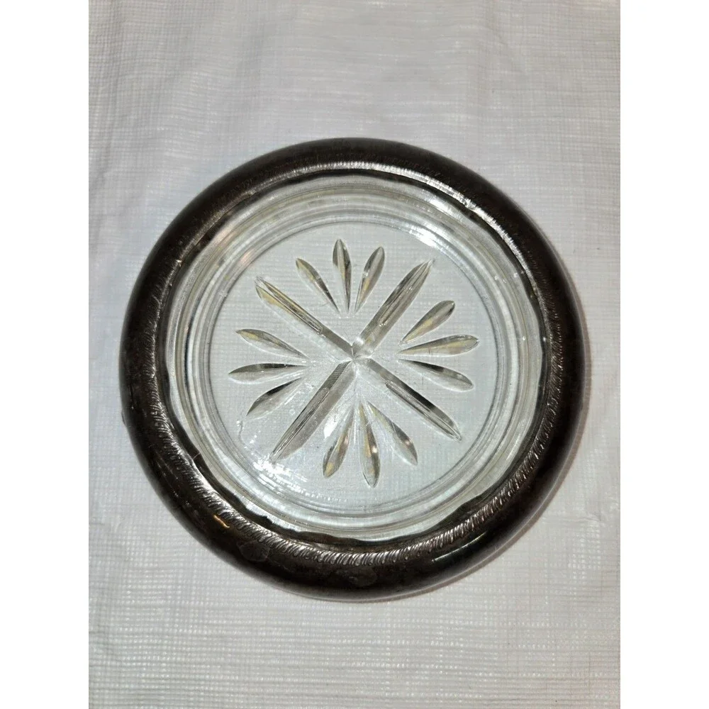 Antique Vintage 1883 F B Rogers Sterling Silver Crystal Drink Coasters